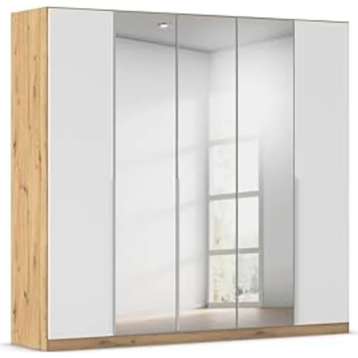 Rauch Möbel Alabama, Kleiderschrank für Schlafzimmer, Kinderzimmer, Wohnzimmer, Garderobe, Flur, 5-türig, Spiegel, mit Zubehör Premium, Farbe Weiß/Eiche Artisan, Holz, Breite 226 cm