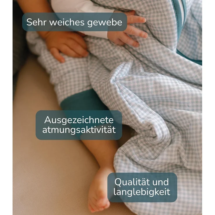 molis&co - Baby Schlafsack mit Füßen - Ideal für Frühling und Herbst - Babyschlafsack mit Füßen 1 tog - Leicht gepolstert - 100% Baumwolle (Oeko-TEX 100), Premium Qualität - Adriatic Check (80 cm) – Bild 4