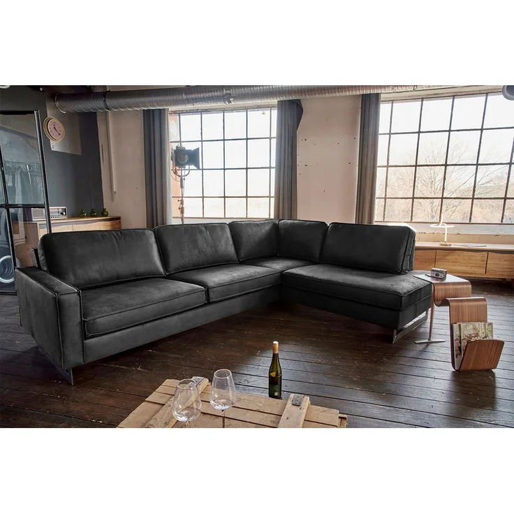 KAWOLA Ecksofa VILNIUS 3-Sitzer mit Recamiere rechts Lederfaserstoff schwarz 85 x 217 x 290 cm