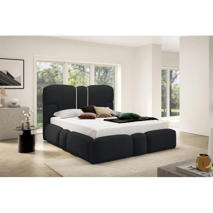 Polsterbett Schlafzimmerbett JORDAN 140x200cm Komplettset in Stoff Doha Schwarz