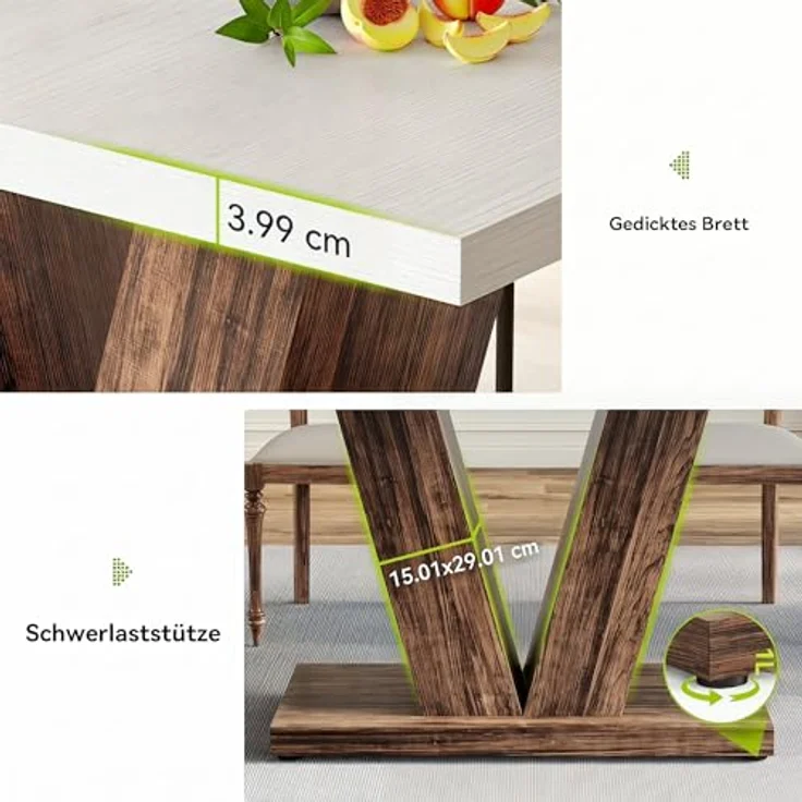 LITTLE TREE 47 Zoll Esstisch für 4 Personen, moderner Esszimmertische, weißer rechteckiger Küchentisch mit rustikalem, braunem V-förmigem Sockel, Esstisch aus Holz für Esszimmer, Küche, Wohnzimmer – Bild 7