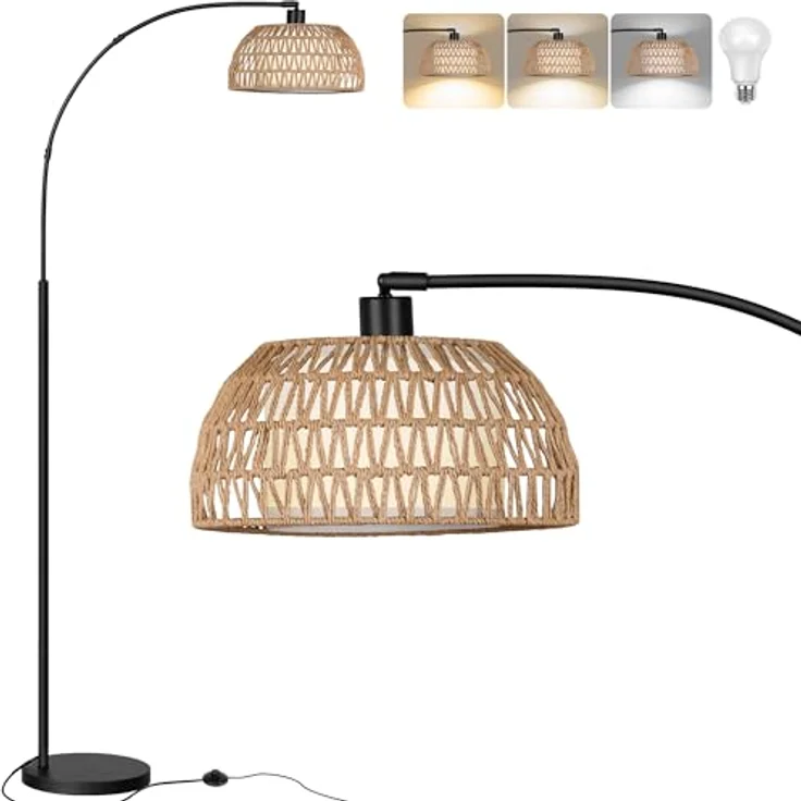 ROTTOGOON Bogen Rattan Stehlampe für Wohnzimmer 3 Farbtemperaturen Dimmbare 9W LED mit Fußschalter Boho Landhausstil Stehleuchte für Schlafzimmer Büro inkl. Birne Schwarz – Bild 1