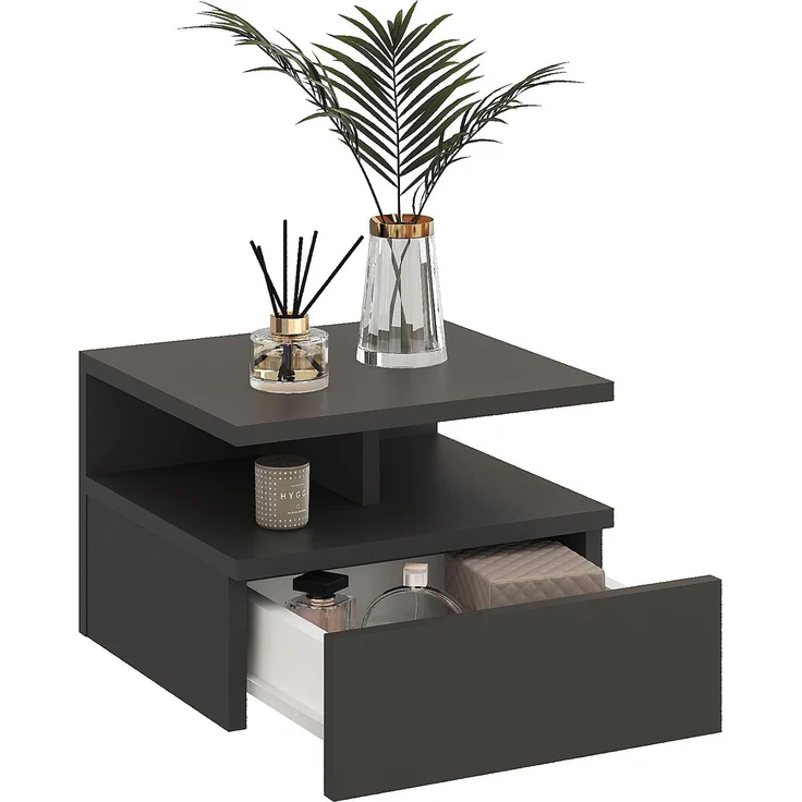 KOMTO Nachttisch Hängend mit Ablage, Wandregal mit Schublade | Nachttisch Anthrazit, Nachtschrank Hängend, 35,4 × 32,2 × 24,6 cm