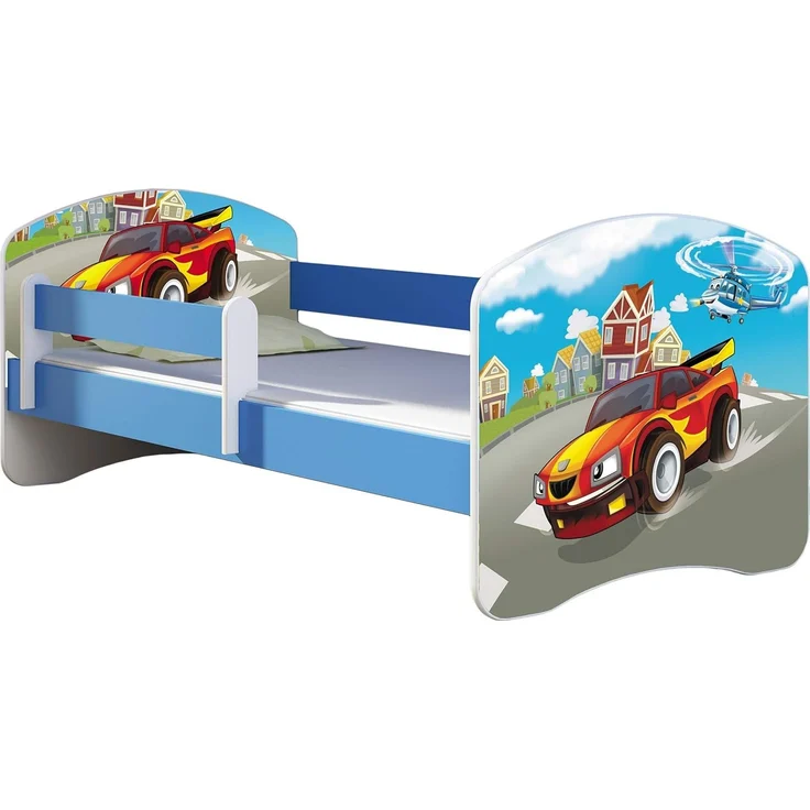 ACMA Kinderbett Jugendbett mit Einer Schublade und Matratze Blau mit Rausfallschutz Lattenrost II 140x70 160x80 180x80 (03 Racing Car, 160x80) – Bild 1