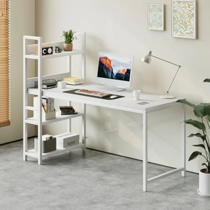 Sweetcrispy Schreibtisch mit Seitlichem Regal & Verstellbaren Füßen, 140 cm breiter Bürotisch, Starker Computertisch mit Ablagefläche, Einfacher Montage, vintagebraun – Bild 7