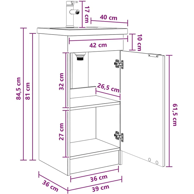 vidaXL Badezimmerschrank mit Waschbecken Weiß 42 x 40 x 84,5 cm 890084 – Bild 9