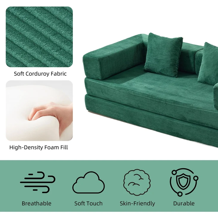 Bodensofa, Kompressionssofa, Schlafsofa mit Kissen, Rückenlehne und Armlehnen, bequemes Futon-Schlafsofa, Cordstoff, für Wohn- und Schlafzimmer, Dunkelgrün--Dunkelgrün--185x92.5x60cm--YOUDENOVA – Bild 3