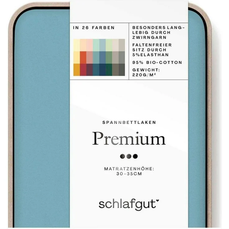 Schlafgut Spannbettlaken PREMIUM Mako-Zwirn-Jersey, 220 g/m², 95% Bio-Baumwolle, 5% Elasthan, Mako-Zwirn-Jersey, Gummizug: rundum, (1 Stück), Bettlaken bis 30 cm Höhe, PREMIUM-Qualität langlebig, perfekter Sitz – Bild 2