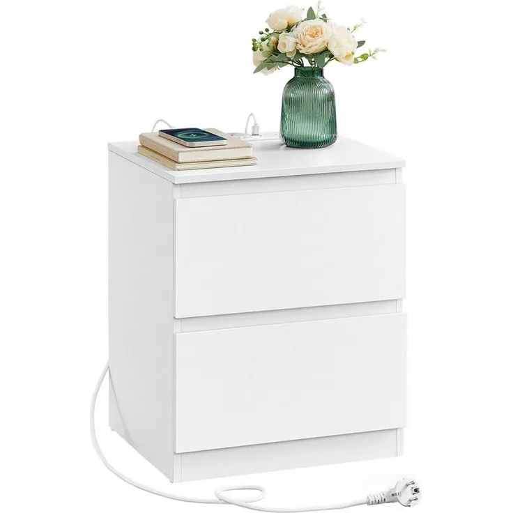 VASAGLE Nachttisch mit Steckdosenleiste, Beistelltisch, 2 Schubladen, MDF Wolkenweiß, 35 x 40 x 49 cm