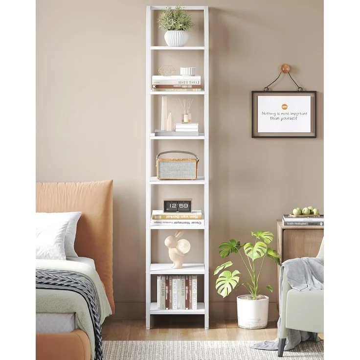 Bücherregal, 7 Ebenen Standregal, DVD-Regal, Schmale Regale, Offenes Regal, Industriestil, Metallrahmen, Geeignet für Arbeitszimmer, Wohnzimmer, Schlafzimmer, Küche, Weiß – Bild 7