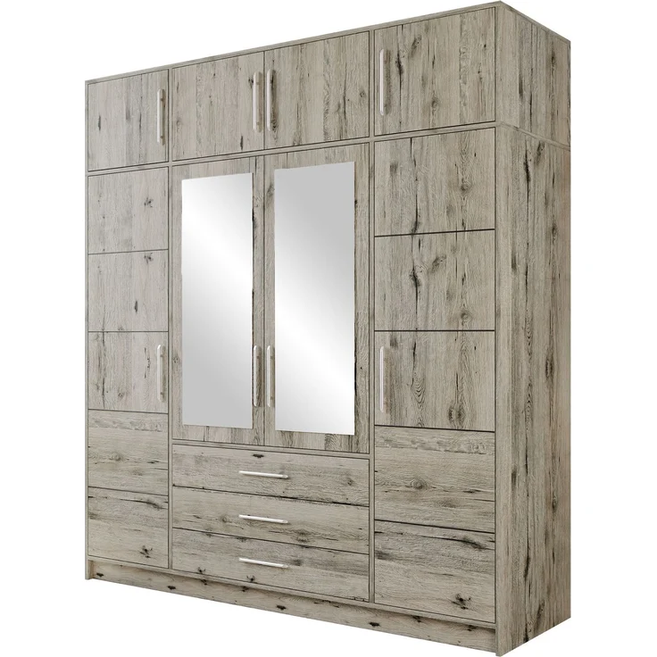Mirjan24 'Bado 4D' Kleiderschrank mit Schubladen und Spiegel, Laminatplatte Wellington Eiche, 245 x 58 x 196 cm – Bild 1