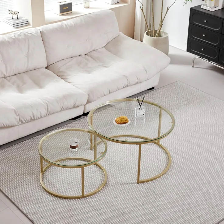 GrandCA HOME Couchtisch 2er Set,Stapelbarer Couchtisch, Couchtische Rund, Gehärtete Glasplatte, Vergoldete Metallbeine，Geeignet für Wohnzimmer, Esszimmer, Café（Ø80x45H cm，Ø60x35H cm）