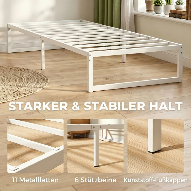 Bettgestell mit Stauraum und Stahl-Lattenrost, 32,5 cm hoch, geräuscharm, 200 x 90 cm, Weiß--Weiß--200.5x90.6x32.5cm--YOUDENOVA – Bild 9