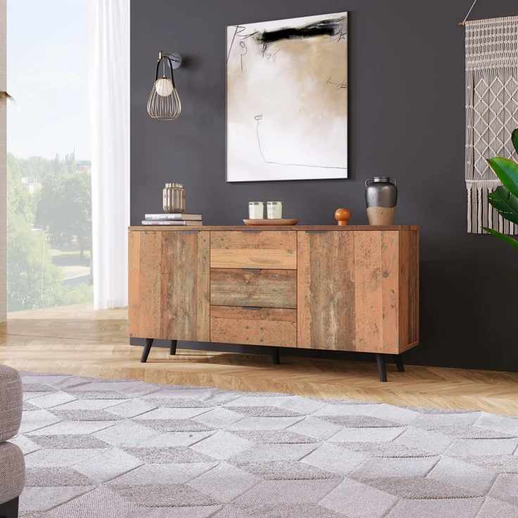 ZUBALIYA Kommode 140x35x70 cm, mit verstellbaren Einlegeböden, aus Spanplatte, Antikbraun – Bild 2