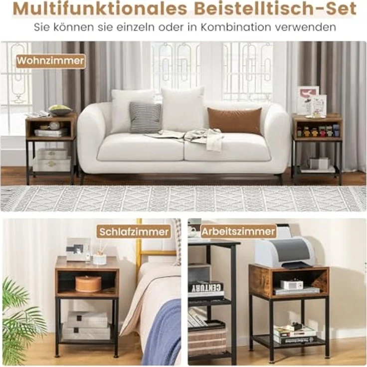 COSTWAY Beistelltisch mit Ablagefach und Gitterablage, Nachttisch mit Metallrahmen und verstellbaren Fußpolstern, Sofatisch für Schlafzimmer, Wohnzimmer, Industrie-Design, 40 x 40 x 57,5 cm – Bild 6