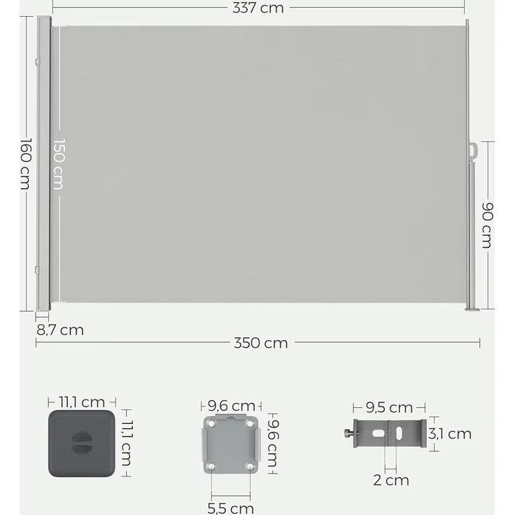 SONGMICS Seitenmarkise mit Stahl-Kasten, rostbeständig, ausziehbar, Hellgrau, 160x350 cm – Bild 4