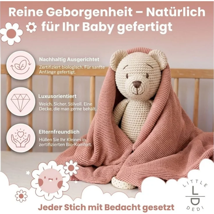 Babydecke Baby Strickdecke, %100 Bio Baumwolle, Atmungsaktiv, 80x100cm, Rosa, Little Dedi – Bild 2