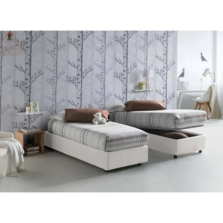 Talamo Italia - Einzelbett Amelia, Bettkasten mit Stoffbezug, 100 % Made in Italy, Öffnung vorne, inklusive Matratze 80x190 cm, Weiß – Bild 5