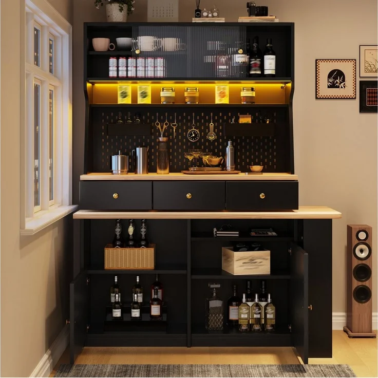 Flieks Buffet Küchenschrank Küchenbuffet mit 360° drehbar Esstisch (Buffetmaße: 119,2x44,8x177,7 cm, Tischplattemaße: 137x59 cm, 2-St, mit Acryl-Schiebetür und Schubladen) Hochschrank mit LED-Beleuchtung & Stecktafel, Arbeitstisch mit Ablagen – Bild 3