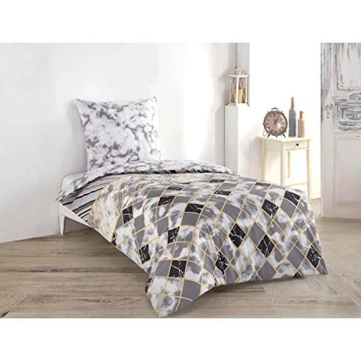 Buymax Bettwäsche Wendebettwäsche, Bettbezug-Set Stone, Harley, 100% Baumwolle, 2 teilig, 155x220 cm, Reißverschluss, hochwertig, Grau, Weiß – Bild 2