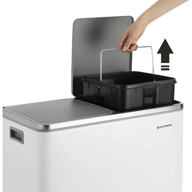 Songmics Mülleimer mit 2 Fächern und Softclose, luftdicht inkl. Müllbeutel, Metall, 60 (2x30) Liter, Weiß – Bild 4