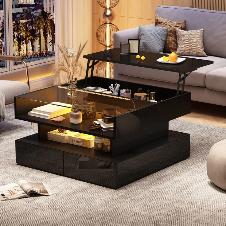 Couchtisch mit hydraulischer Hubfunktion und LED-Beleuchtung, Hochglanz Oberfläche, 2 Schubladen & gehärtetem Glas,Schwarz – Bild 6