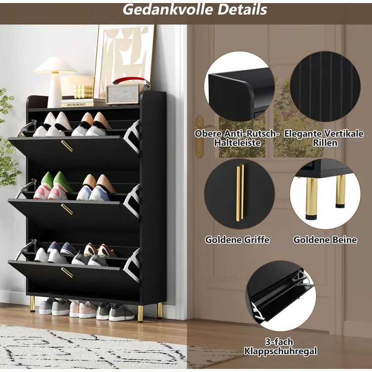 Schuhschrank 80x23x123,5 cm mattschwarz gold Metallfüße 3 Türen verstellbare Böden – Bild 7