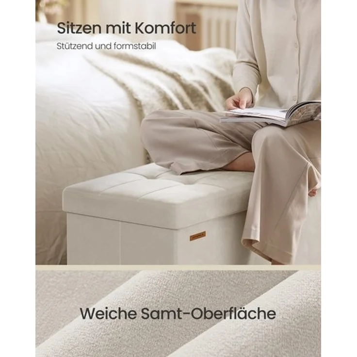 SONGMICS Sitzbank mit Stauraum, Hocker faltbar, 38 x 110 x 40 cm, Aufbewahrungsbox mit Deckel, Fußhocker 112 L, Samt, bis 300 kg belastbar, Flur Wohnzimmer Schlafzimmer – Bild 4