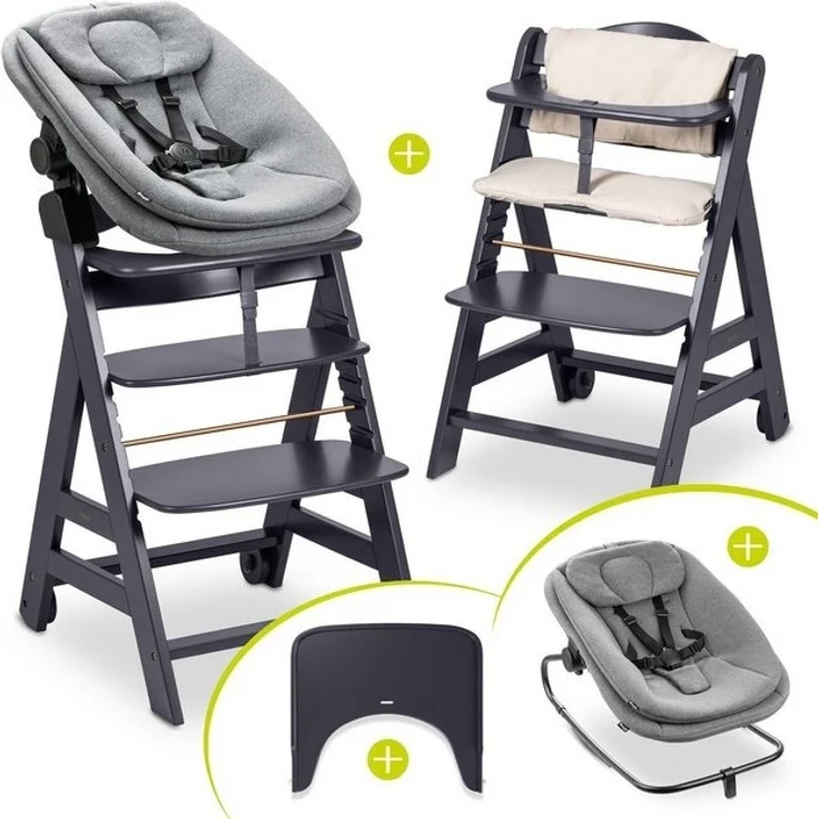 Hauck Hochstuhl Beta Plus Dark Grey Newborn Set 3in1 Bouncer (Set), Holz Babystuhl ab Geburt mit Neugeborenensufsatz, Sitzkissen, Essbrett – Bild 4