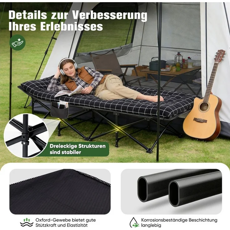 Sekey Feldbett 190cm x 71cm Campingbett Klappbar mit Matratze Gästebett Klappbett Tragbares Campingliege bis 200kg, Kariert, für Outdoor, Indoor, Reisen – Bild 3