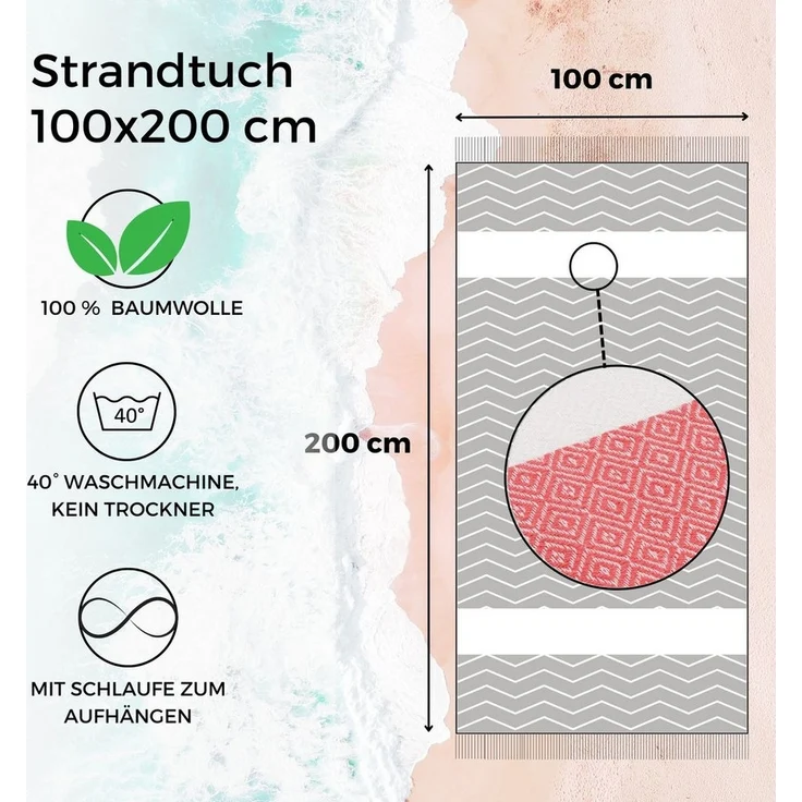 furora HOLIDAY Strandtuch groß 100x200 cm Strand Tuch, aus Baumwolle, Hamamtuch Badetuch, leicht, lang, dünn & kompakt – Bild 2