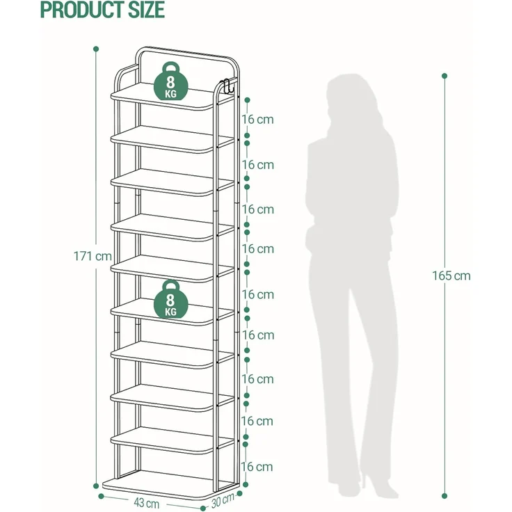 Vertikales Schuhregal, 10-Stöckige Schuhregale, Schuhturm für kleine Räume, Freistehend, Verstellbar, Platzsparend, Braun und Schwarz – Bild 9
