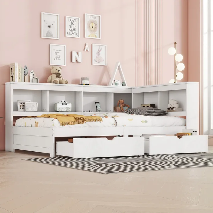 Daybed/Tagesbett mit 2 Schubladen & USB, weiß, 90x200 cm (ohne Matratze)