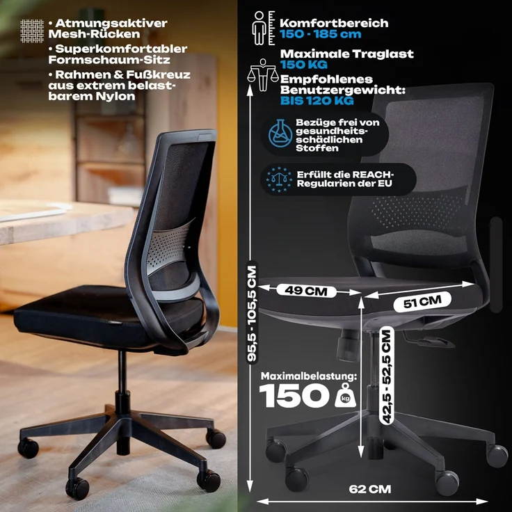 VALKENSTOL M2 Essential - Bürostuhl Ergonomisch Testsieger - 5 Jahre Garantie - Schreibtischstuhl ohne Armlehnen ohne Kopfstütze - Computerstuhl – Bild 5