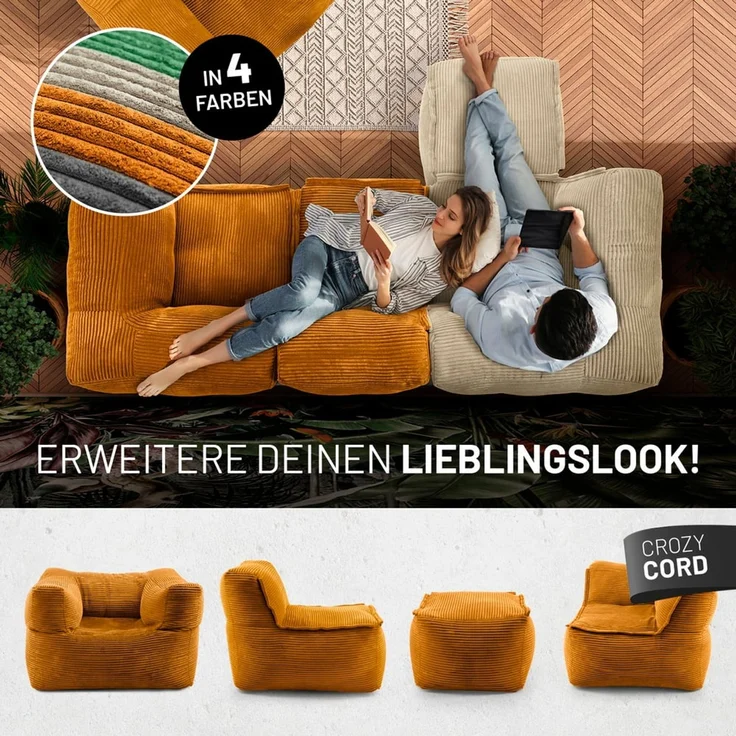 Lumaland Sitzsack-Sofa, Polyester, Eckteil, Cord - Senfgelb, 70 x 81 x 81 cm – Bild 8