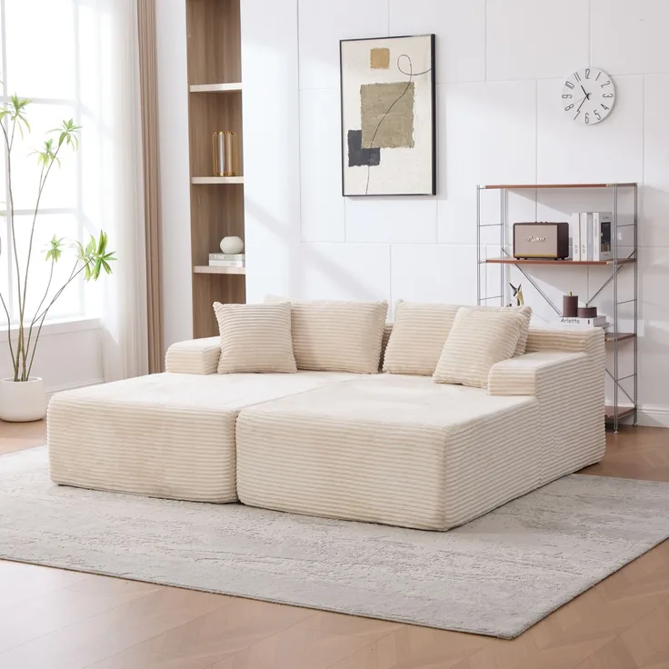 ZUBALIYA Sofa mit Chenille - Bezug, modular aufgebaut, mit Schaumstoffpolsterung, mit rutschfester Basis, Beige