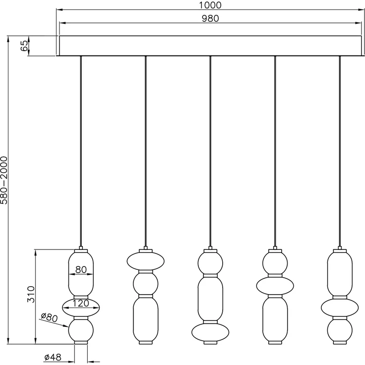 Moderne LED Pendelleuchte MINERVA 5-flammig, höhenverstellbar, Breite 100cm – Bild 11