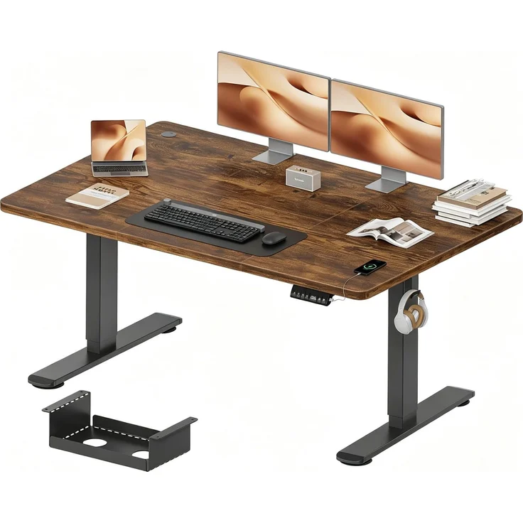 JUMMICO Höhenverstellbarer Schreibtisch 140x70 cm mit Kabelwanne & USB-A | Schreibtisch Höhenverstellbarer Elektrisch mit 18 mm Tischplatte, Sitz‑Erinnerung Computertisch,braun