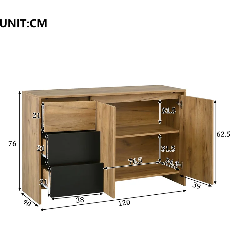 Merax Sideboard, Küchenschrank, Kommode mit 3 Schubladen und 2 Türen, Mehrfarbige LED-Lichteffekte, Buffetschrank für Wohnzimmer, Esszimmer, Holzfarbe&Schwarz – Bild 4