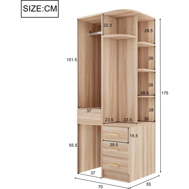 Kleiderschrank 70 x 55 x 175 cm in Weiß und Holzfarbe mit offener Kleiderstange und Schubladen – Bild 4