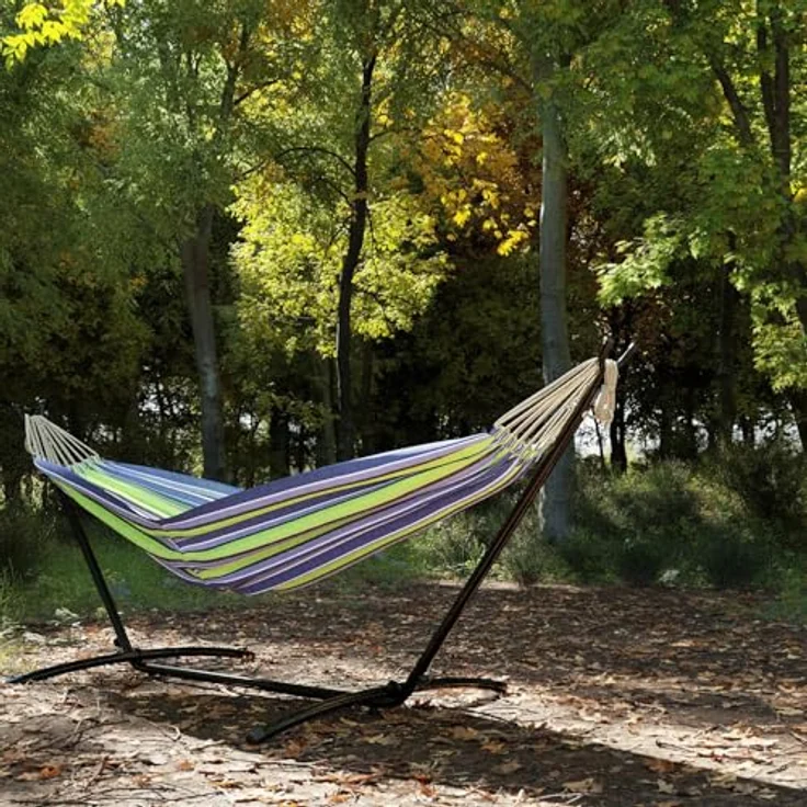 GARMIO Hängematte mit Stahlgestell, 200kg Belastbarkeit, klappbar, Blau-Grün, 270x110x105cm, inkl. Zubehör & Tragetasche, pflegeleicht – Bild 3