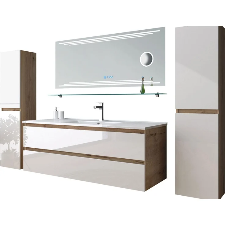 Homeline Badmöbel Set Eiche/Weiß Leonard Hochglanz 120 cm Spiegel incl LED (120, 4, 0X Seitenschränke) – Bild 1