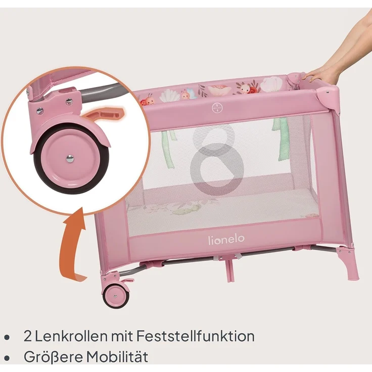 Lionelo Mille Plus 2-in-1 Reisebett und Laufgitter bis 15 kg 0-36 Monate, seitlicher Eingang, 3D-Matratze, 2 Räder mit Bremse für einfaches Zusammenklappen, Tragetasche – Bild 6