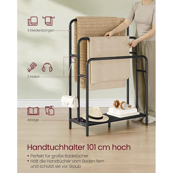 VASAGLE Handtuchhalter, stehend, Handtuchständer 3 Stangen, 70 x 30 x 100 cm, 2 Haken, Ablage, für Decke, Badetücher, tintenschwarz-ebenholzschwarz LLS019B01 – Bild 4