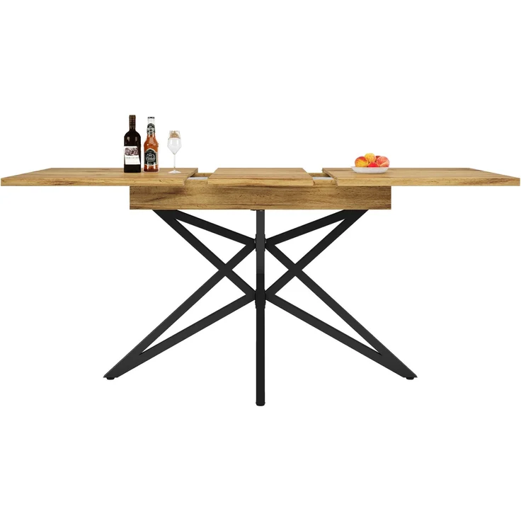 Ausziehbarer Esstisch 120 (160) x 80 cm, ausziehbarer Küchentisch, Frühstückstisch, sternförmige Tischbeine, schwarze Eisenbeine, Tischplatte aus Walnussholz/Marmorimitat – Bild 6