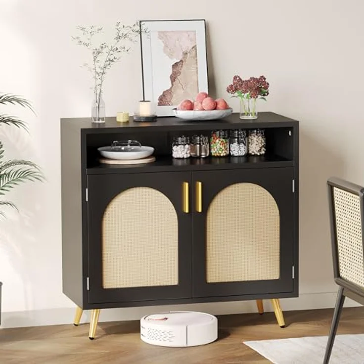 YITAHOME Sideboard mit Rattandekor, Aufbewahrungsschrank, Buffet-Schrank für Esszimmer, Schlafzimmer, Wohnzimmer als Medieneinheit, Küchenschrank-Aufbewahrung, Flur-Konsole, B80 cm × T35 cm × H75 cm – Bild 3
