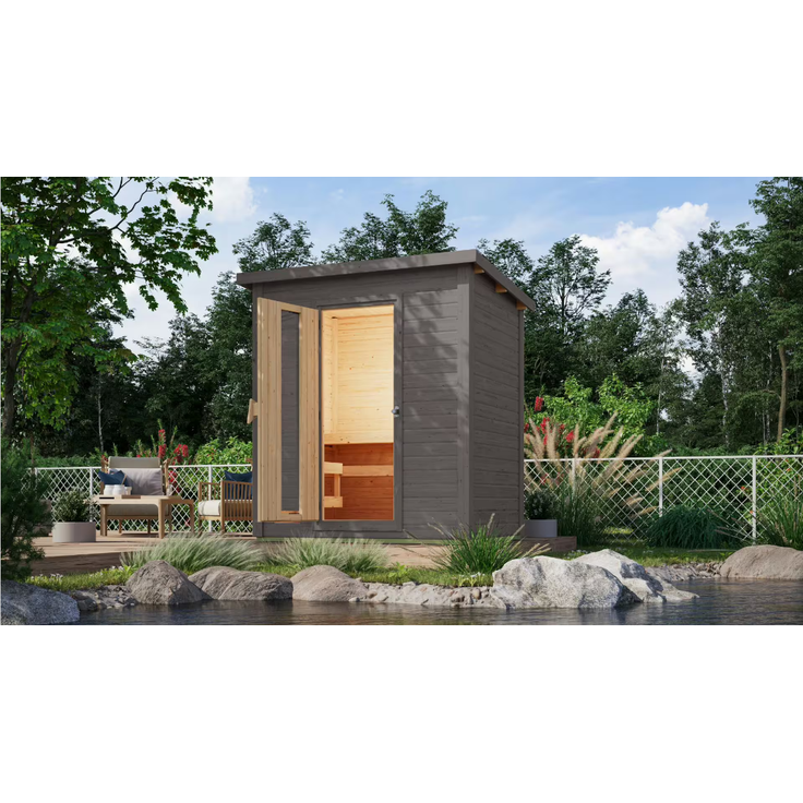 Karibu Sauna Hytti 1 terragrau mit 9 kW Ofen mit integrierter Steuerung – Bild 3