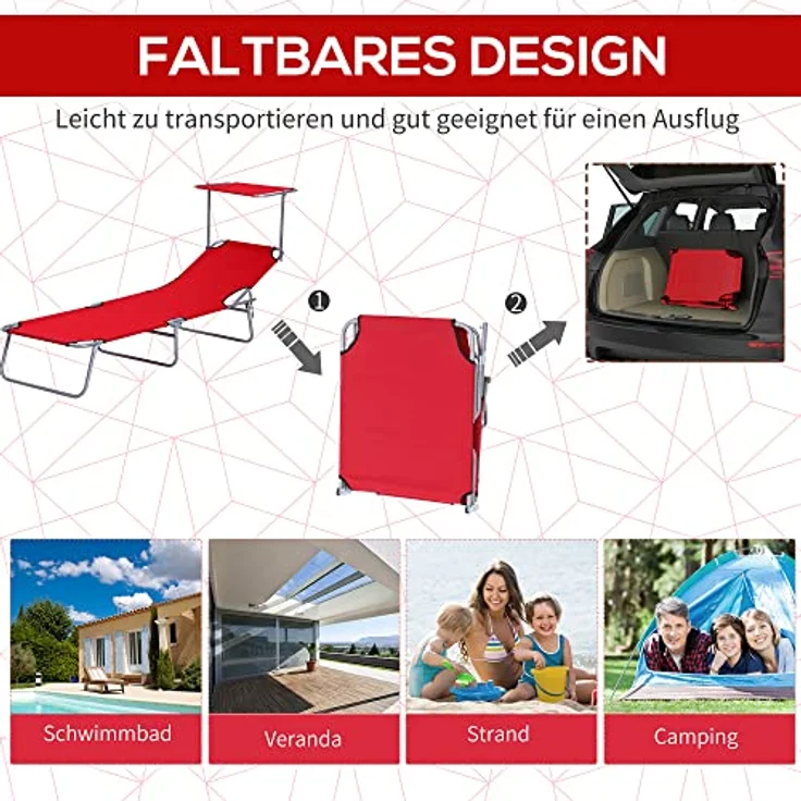 Outsunny Sonnenliege Gartenliege Wellnessliege Strandliege klappbar mit Sonnenschutz Rot 187 x 58 x 36 cm – Bild 6