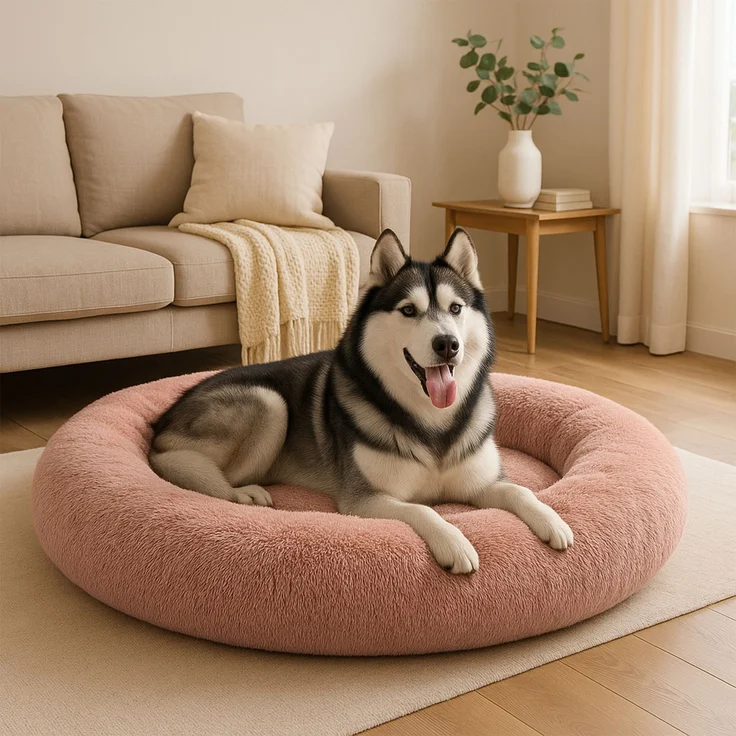 belviona Donut-Hundebett, kuscheliges Plüschbett mit weicher Füllung, sicherem Halt & ergonomischem Rand, 120 cm Durchmesser, altrosa – Bild 1