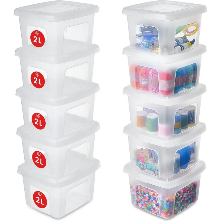 Iris Ohyama Vielseitige Aufbewahrungsboxen, 2L, 10er-Set, Transparent, Deckel leicht schließbar, Stapelbar, Plastik, Für Schrank, Regale, Klassenzimmer, Organisation, Kunstbedarf, Schuhe, MCB-2